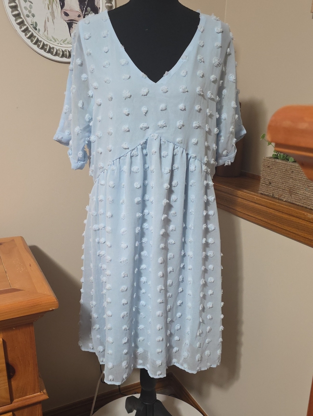 Light Blue Pom-Pom V-Neck Midi Dress